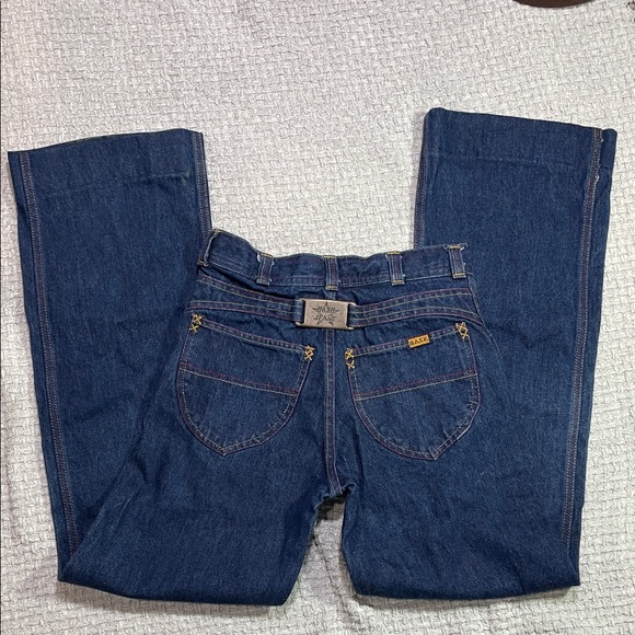 Vintage Hash Denim - 70s VTG Rare HASH Wide Leg High Waist Jeans Dark Blue Red/yellow stitching Denim